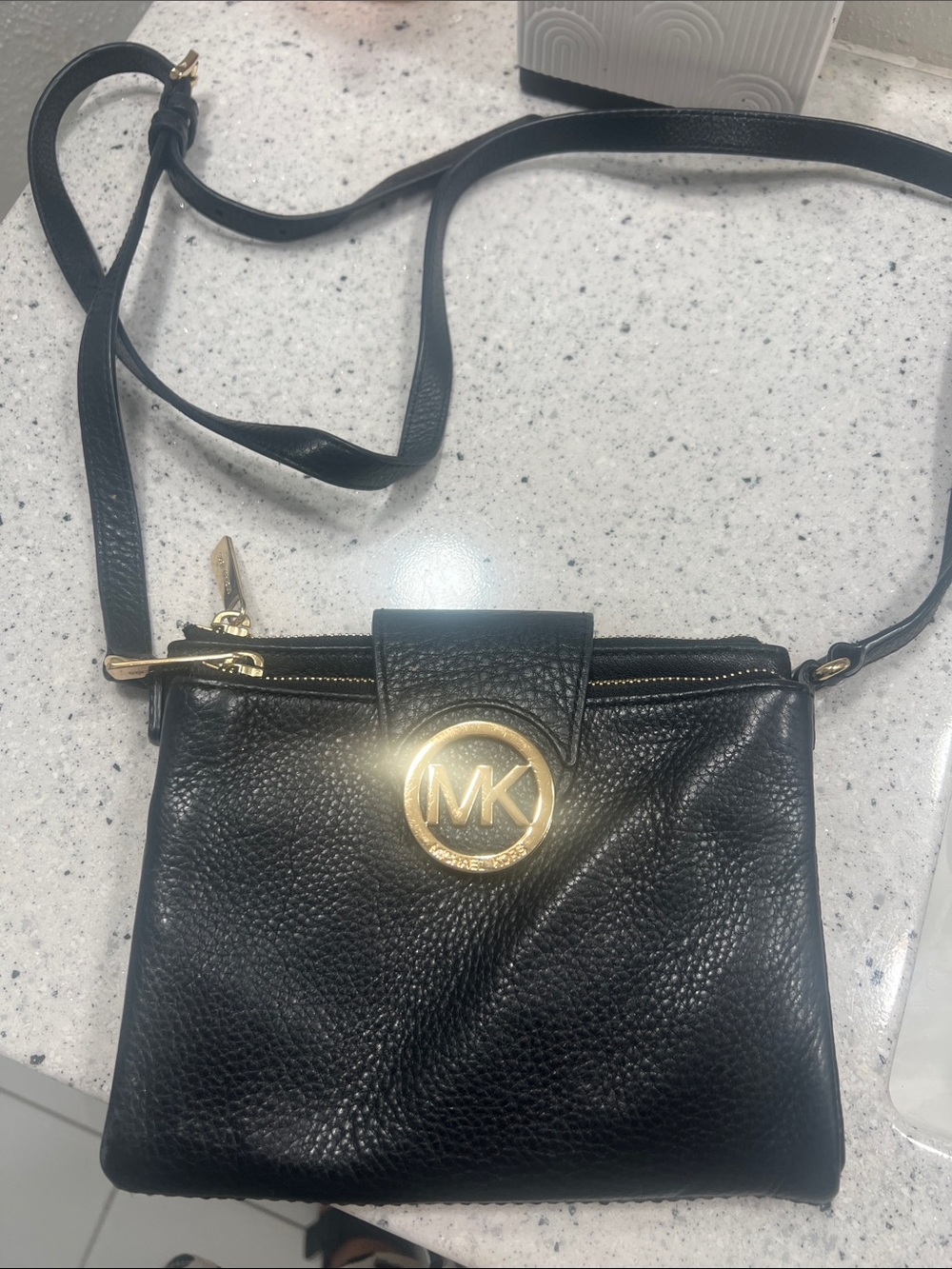 Michael Kors Black Pebbled Leather Crossbody with Gold MK Emblem